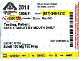 Prescription bottle label example, see bottle supplied by pharmacy