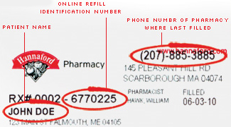 Prescription bottle label example, see bottle supplied by pharmacy