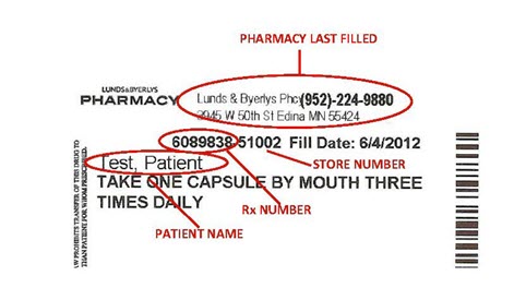 Prescription bottle label example, see bottle supplied by pharmacy